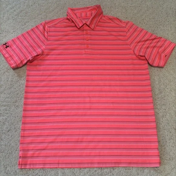 Under Armour HeatGear Loose Fit Men's Large Polo Shirt Pink w/ Fine Line Stripes - Picture 2 of 7